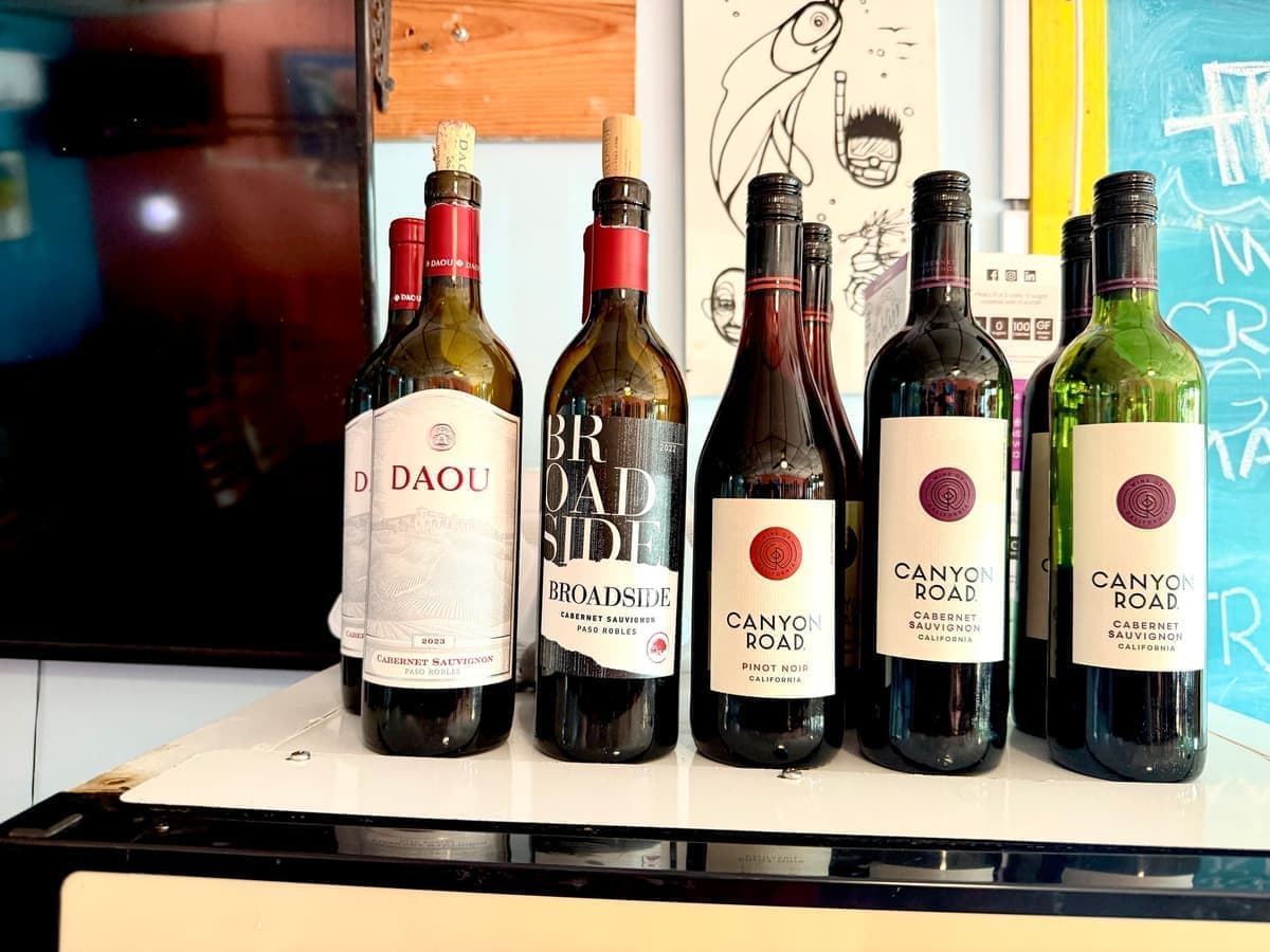 The wine wall at Two Dudes Seafood